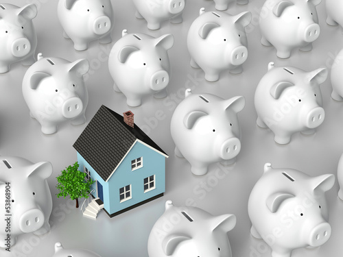Illustration: Piggy bank - grid with blue house Piggy bank - grid with blue house