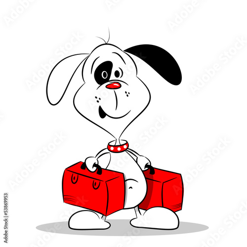 Vector: A cartoon dog holding two suitcases on white background A cartoon dog holding two suitcases on white background