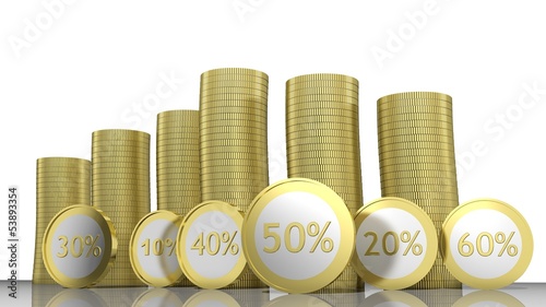 Illustration: Stack of golden coins and numbers with percent symbol Stack of golden coins and numbers with percent symbol