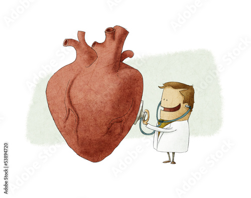 Illustration: Fun illustration of a doctor examining a big heart Fun illustration of a doctor examining a big heart