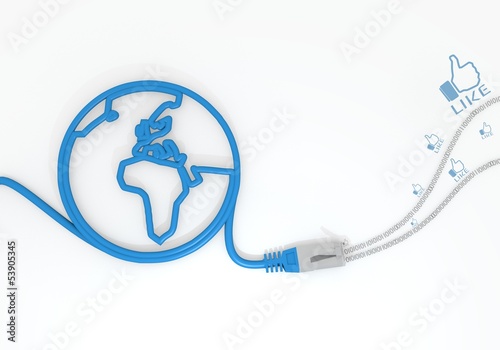 Illustration: like symbol with network cable and world symbol like symbol with network cable and world symbol