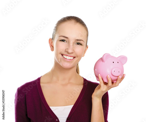 Photo: Young beautiful woman with piggy bank (money box) Young beautiful woman with piggy bank (money box)