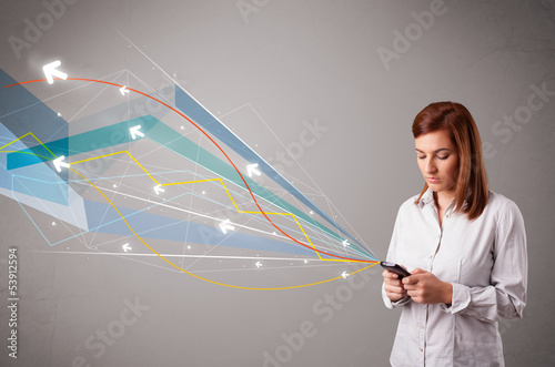 Photo: pretty young lady holding a phone with colorful abstract lines a pretty young lady holding a phone with colorful abstract lines a