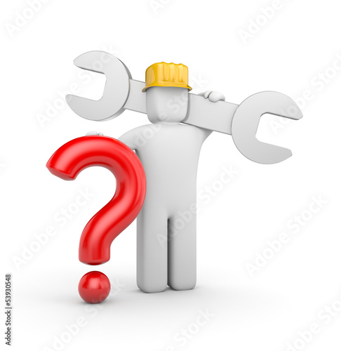 Illustration: 3d worker with spanner and question 3d worker with spanner and question