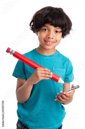 Photo: Cute Mixed Race Kid with Giant Pencil. Cute Mixed Race Kid with Giant Pencil.