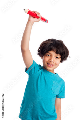 Photo: Cute Mixed Race Kid with Giant Pencil. Cute Mixed Race Kid with Giant Pencil.
