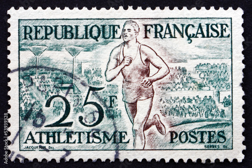 Photo: Postage stamp France 1953 Track, Athletics Postage stamp France 1953 Track, Athletics