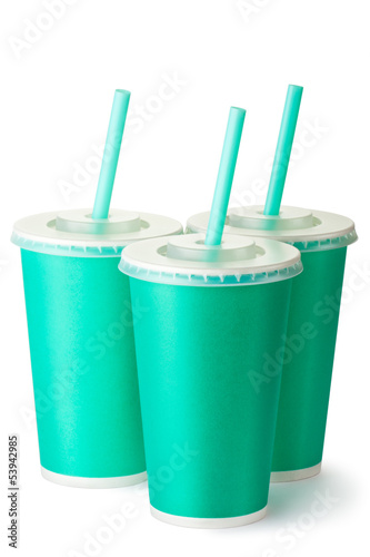 Photo: Three green cardboard cups with a straws Three green cardboard cups with a straws