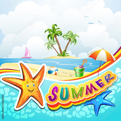 Vector: Summer beach with starfish and toys Summer beach with starfish and toys