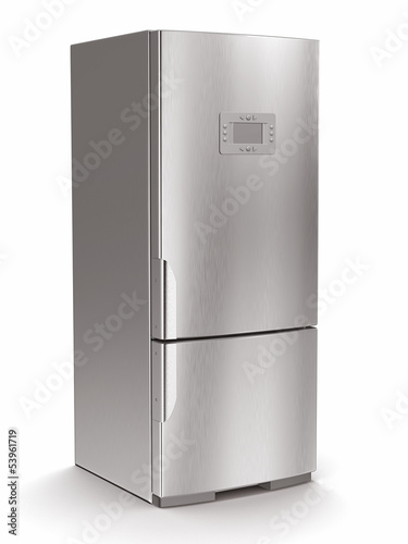 Illustration: Metallic refrigerator on white isolated background. Metallic refrigerator on white isolated background.