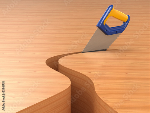 Illustration: Sawing. Handsaw on wood background Sawing. Handsaw on wood background