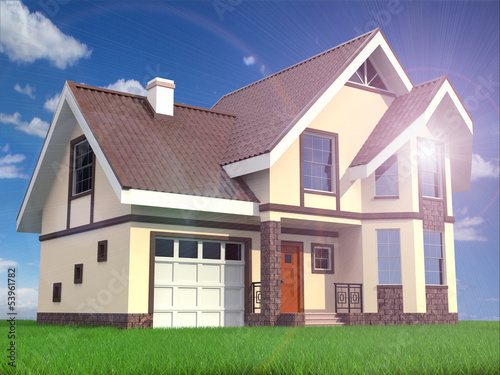 Illustration: Modern family suburban home on grass and sky background. Modern family suburban home on grass and sky background.