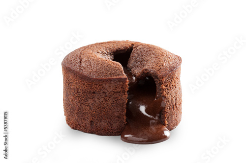 Photo: Melting chocolate pudding isolated on white Melting chocolate pudding isolated on white