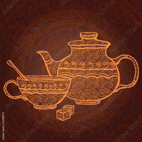 Illustration: Vintage background with teapot, cup and sugar Vintage background with teapot, cup and sugar