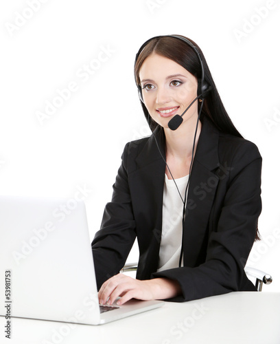 Photo: Call center operator at work, isolated on white Call center operator at work, isolated on white