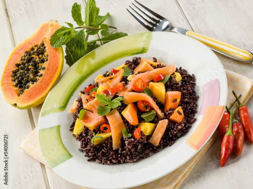 Photo: black rice with papaya and smoked salmon black rice with papaya and smoked salmon