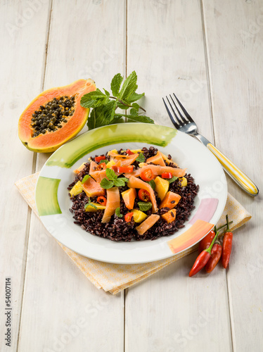 Photo: black rice with papaya and smoked salmon black rice with papaya and smoked salmon