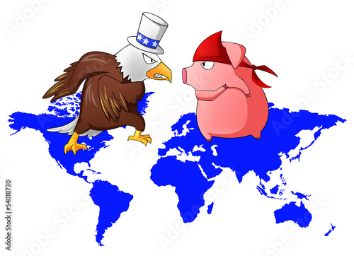 Vector: Giant eagle and red pig is fighting above the continent Giant eagle and red pig is fighting above the continent