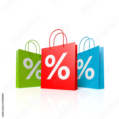 Illustration: Bunte Einkaufstaschen mit Prozenten - 3D Illustration Bunte Einkaufstaschen mit Prozenten - 3D Illustration