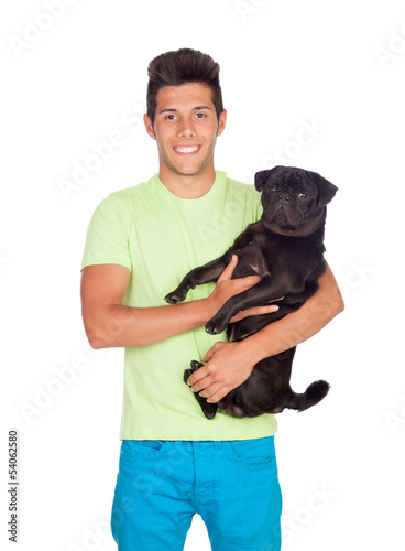 Photo: Attractive boy with her pug dog Attractive boy with her pug dog