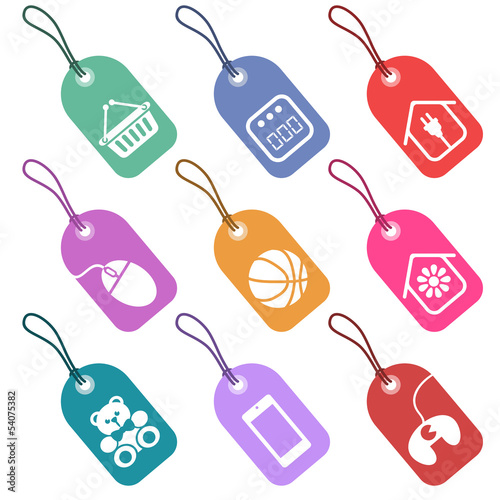 Vector: Conjunto de etiquetas con iconos para secciones de supermercado Conjunto de etiquetas con iconos para secciones de supermercado