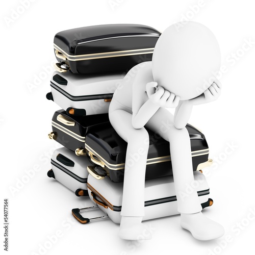 Illustration: 3d man thinking where to travel, sitting on a pile of suitcases 3d man thinking where to travel, sitting on a pile of suitcases