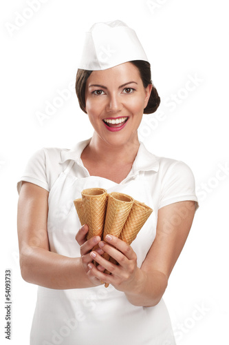 Photo: pretty smiling young woman ice cream vendor pretty smiling young woman ice cream vendor