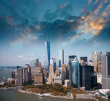 Wonderful summer sunset aerial view of lower Manhattan skyscrape