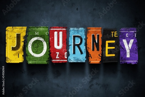 Illustration: Journey word on vintage car license plates, concept sign Journey word on vintage car license plates, concept sign