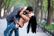 Couple kissing at alley in city. Couple kissing at alley in city.