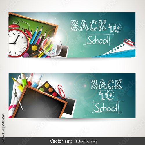 Vector: Set of two horizontal banners with school supplies Set of two horizontal banners with school supplies