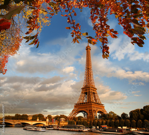  Eiffel Tower with autumn leaves in Paris, France