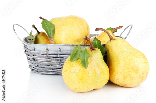 Photo: Juicy pears in wicker basket isolated on white Juicy pears in wicker basket isolated on white