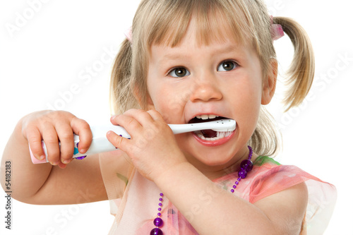  Close up portrait of cute girl brushing teeth.