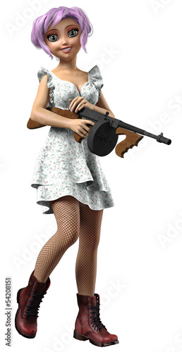 Illustration: Frau mit Kleid und Stiefeln hält Maschinengewehr Frau mit Kleid und Stiefeln hält Maschinengewehr