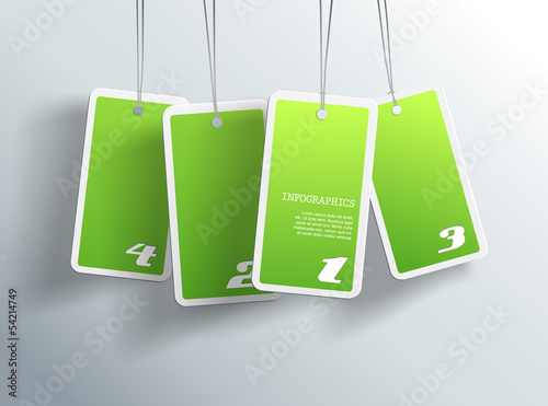 Vector: Four hanging green cards. You can place your own text on each ca Four hanging green cards. You can place your own text on each ca