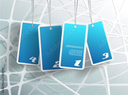 Vector: Four hanging blue cards. You can place your own text on each car Four hanging blue cards. You can place your own text on each car