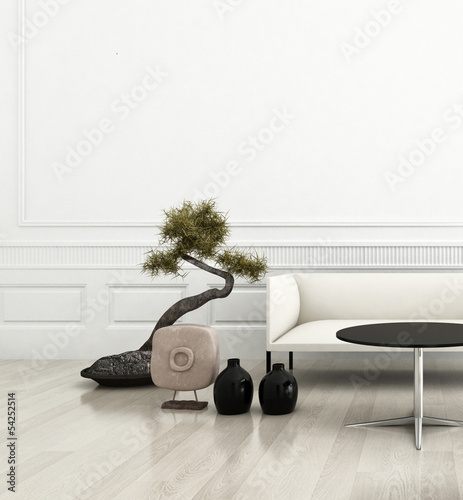 Illustration: 3d rendering of modern couch in a white living room interior 3d rendering of modern couch in a white living room interior
