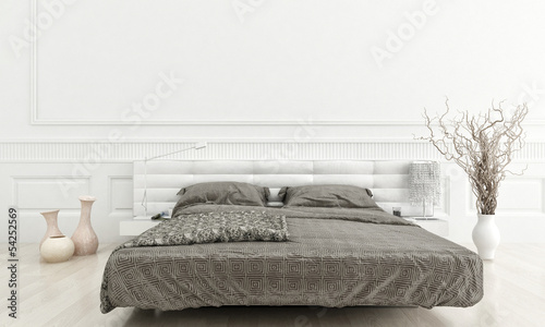 Illustration: Luxurious white bedroom interior with double bed Luxurious white bedroom interior with double bed