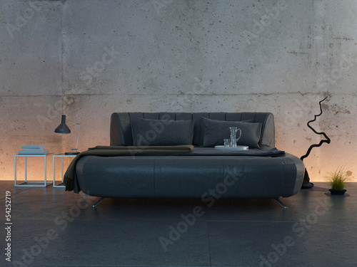 Illustration: Modern illuminated bedroom with dark bed Modern illuminated bedroom with dark bed