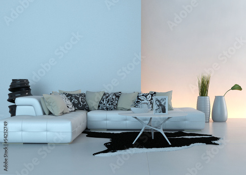 Illustration: White couch in front of illuminated wall White couch in front of illuminated wall