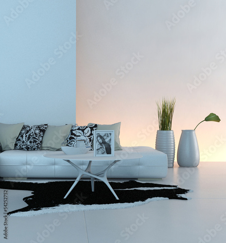 Illustration: White couch in front of illuminated wall White couch in front of illuminated wall