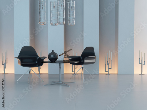 Illustration: Contemporary design interior with black chairs and candleholder Contemporary design interior with black chairs and candleholder