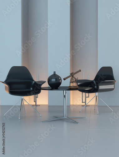 Illustration: Contemporary design interior with black chairs and decoration Contemporary design interior with black chairs and decoration