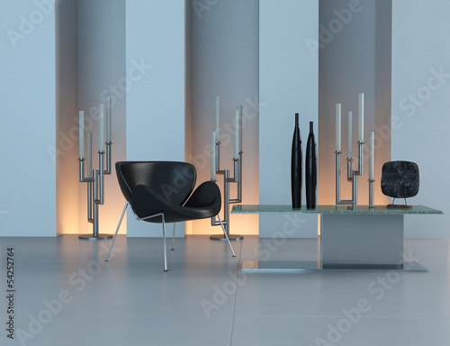 Illustration: Contemporary design interior with black chair and candleholder Contemporary design interior with black chair and candleholder