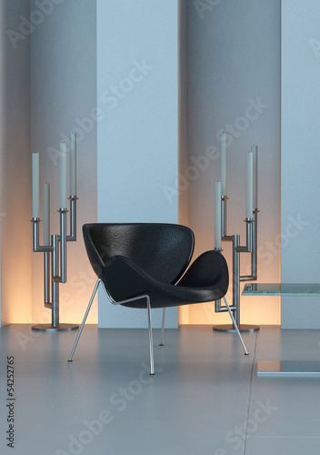 Illustration: Contemporary design interior with black chair and candleholder Contemporary design interior with black chair and candleholder