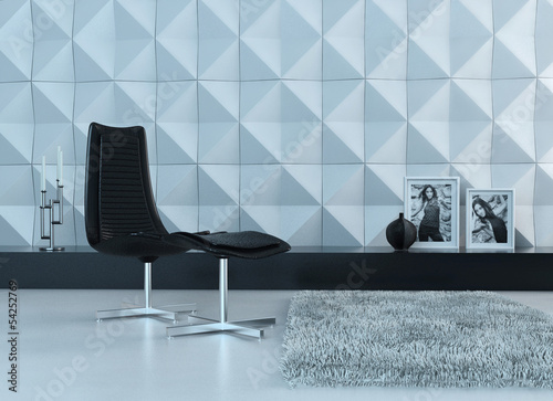 Illustration: Black chair in front of closet with female pictures Black chair in front of closet with female pictures
