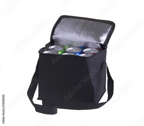 Photo: Black cooler bag filled with soft drink cans isolated on white Black cooler bag filled with soft drink cans isolated on white
