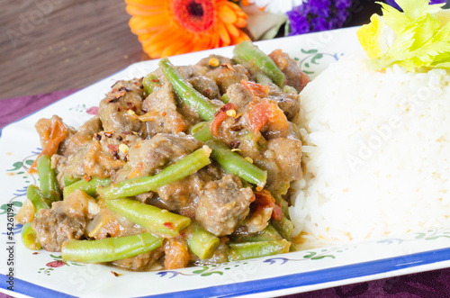Photo: Mexican meat stew with green beans, tomato and rice Mexican meat stew with green beans, tomato and rice