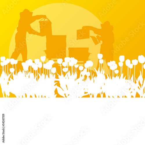 Vector: Beekeeper working in apiary vector background landscape Beekeeper working in apiary vector background landscape